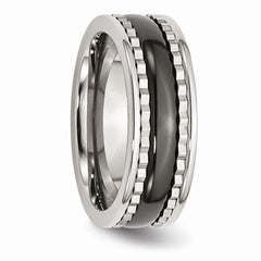 Stainless Steel Polished Ring with Black Ceramic Accent and Engravable Sawtooth Design