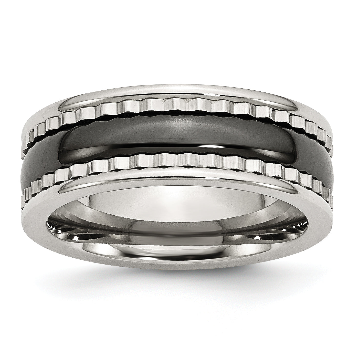 Stainless Steel with Sawtooth Accent & Black Ceramic Center Band