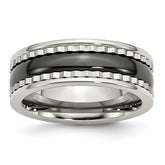 Stainless Steel Polished Ring with Black Ceramic Accent and Engravable Sawtooth Design