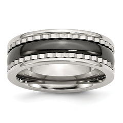 Stainless Steel Polished Ring with Black Ceramic Accent and Engravable Sawtooth Design