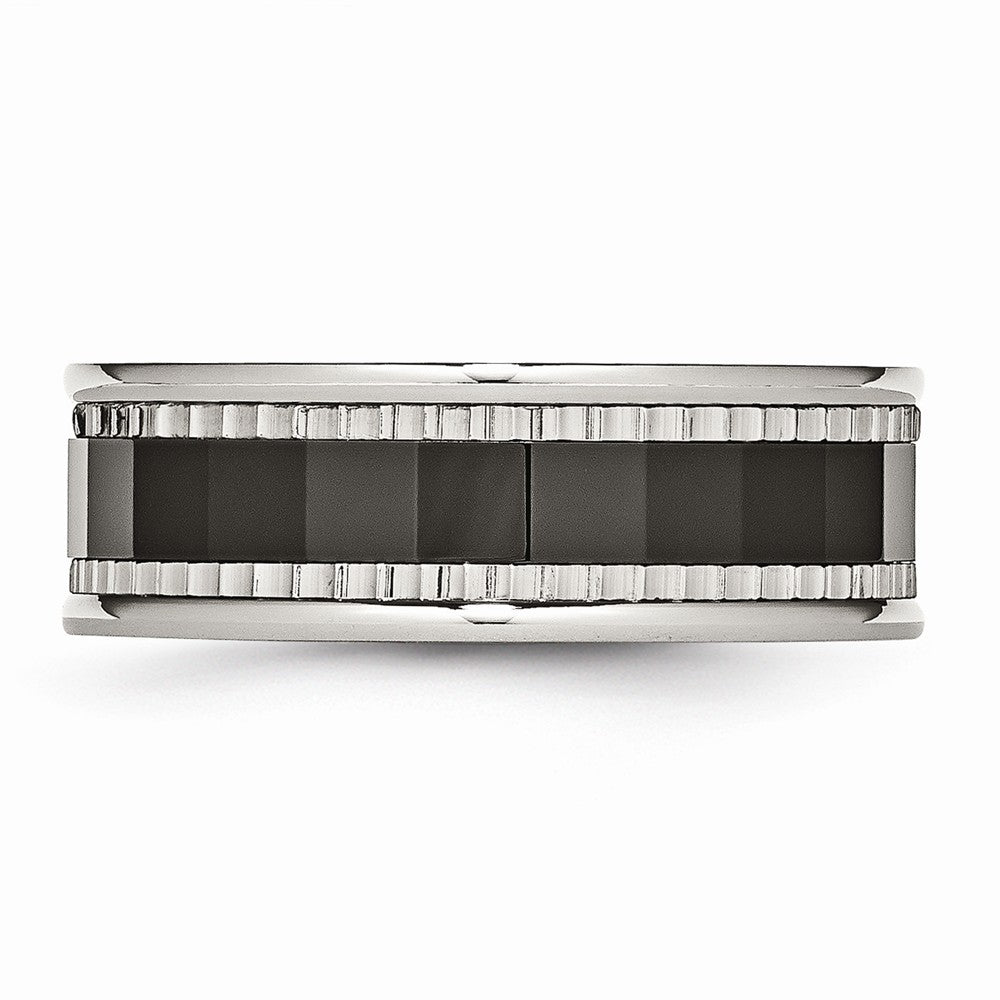 Stainless Steel w/Sawtooth Accent/Black Ceramic Center Faceted Band
