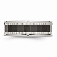 Stainless Steel w/Sawtooth Accent/Black Ceramic Center Faceted Band