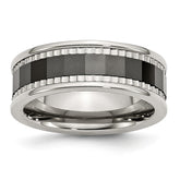 Stainless Steel Band with Black Ceramic Sawtooth Accent, Polished & Engravable