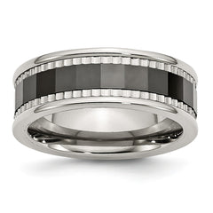 Stainless Steel Band with Black Ceramic Sawtooth Accent, Polished & Engravable