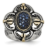 Stainless Steel Blue Glass with Yellow IP-plated Accent Antiqued Ring