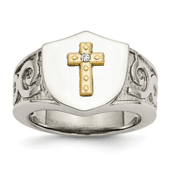 Stainless Steel Polished with 10K Gold Cross and .02 Carat Diamond Ring
