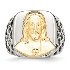 Stainless Steel with Sterling Silver Jesus Yellow IP-plated Polished Ring