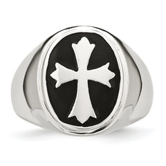 StainleSterling Silver Steel Polished Black Enameled CroSterling Silver Ring