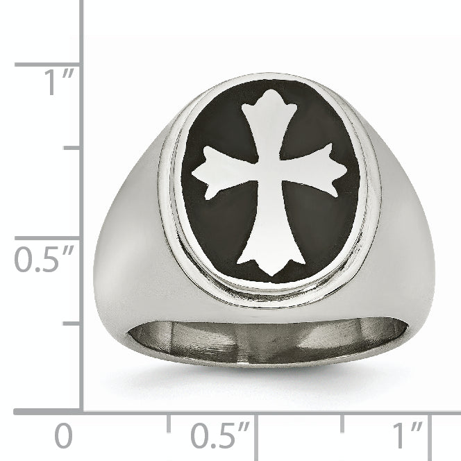 Stainless Steel Polished Black Enameled Cross Ring