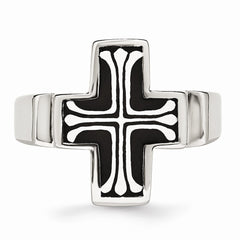 Stainless Steel Polished Cross Ring with Black Enamel Accent