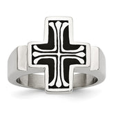 Stainless Steel Polished Cross Ring with Black Enamel Accent