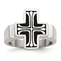 Stainless Steel Polished Cross Ring with Black Enamel Accent