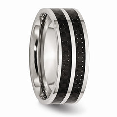 Stainless Steel Wedding Band with Black Carbon Fiber Inlay Engravable