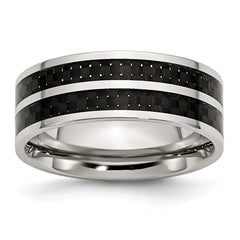 Stainless Steel Wedding Band with Black Carbon Fiber Inlay Engravable
