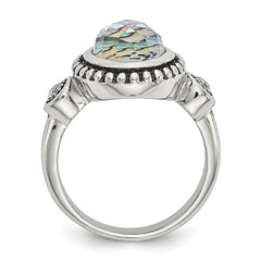 StainleSterling Silver Steel Antiqued and Polished Imitation Abalone and CZ Ring