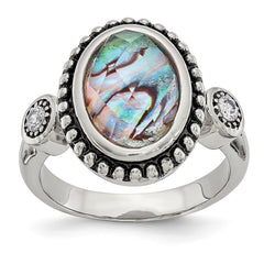 Stainless Steel Ring with Polished Abalone and CZ Stones - 6 - 6