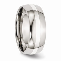 Stainless Steel Wedding Band with Sterling Silver Inlay Polished, Engravable 8mm Comfort Fit