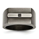 Stainless Steel Antiqued and Brushed with Black CZ Signet Ring