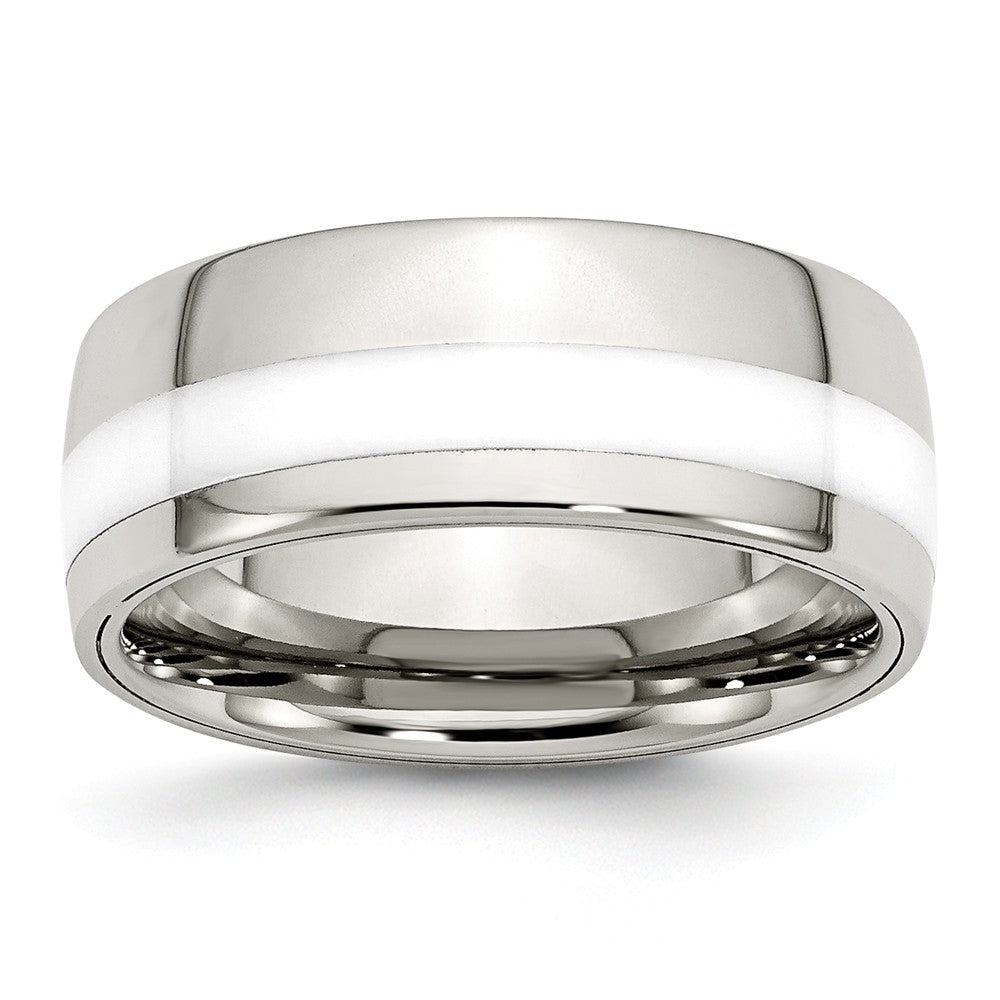 Stainless Steel Polished White Ceramic Inlay 9.00mm Band