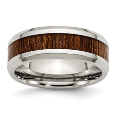 Stainless Steel Wedding Band with Polished Wood Inlay Comfort Fit