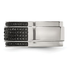 Stainless Steel Polished 1/2 Carat Black Diamond 10mm Ridged Edge Band