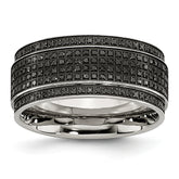 Stainless Steel Polished 1/2 Carat Black Diamond 10mm Ridged Edge Band