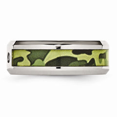 Stainless Steel Wedding Band with Camouflage Enamel and Diamonds