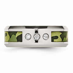 Stainless Steel Wedding Band with Camouflage Enamel and Diamonds