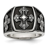 Stainless Steel Men's Cross Ring with Polished Antiqued Finish