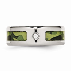 Stainless Steel Wedding Band with CZ Green Camo Polished Finish