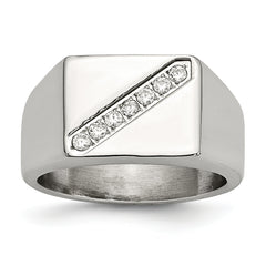 Stainless Steel Polished WithCZ Signet Ring