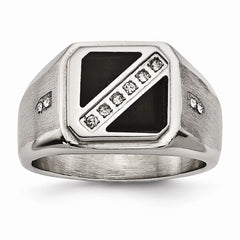Sophia Jewelers Men's Polished Stainless Steel Ring with Black Enamel & CZ