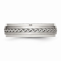 Stainless Steel Wedding Band with Silver Braid Inlay and Polished Finish