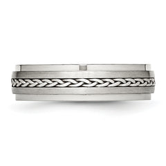 Stainless Steel WithSterling Silver Braid Inlay Brushed/Polished 6mm Band