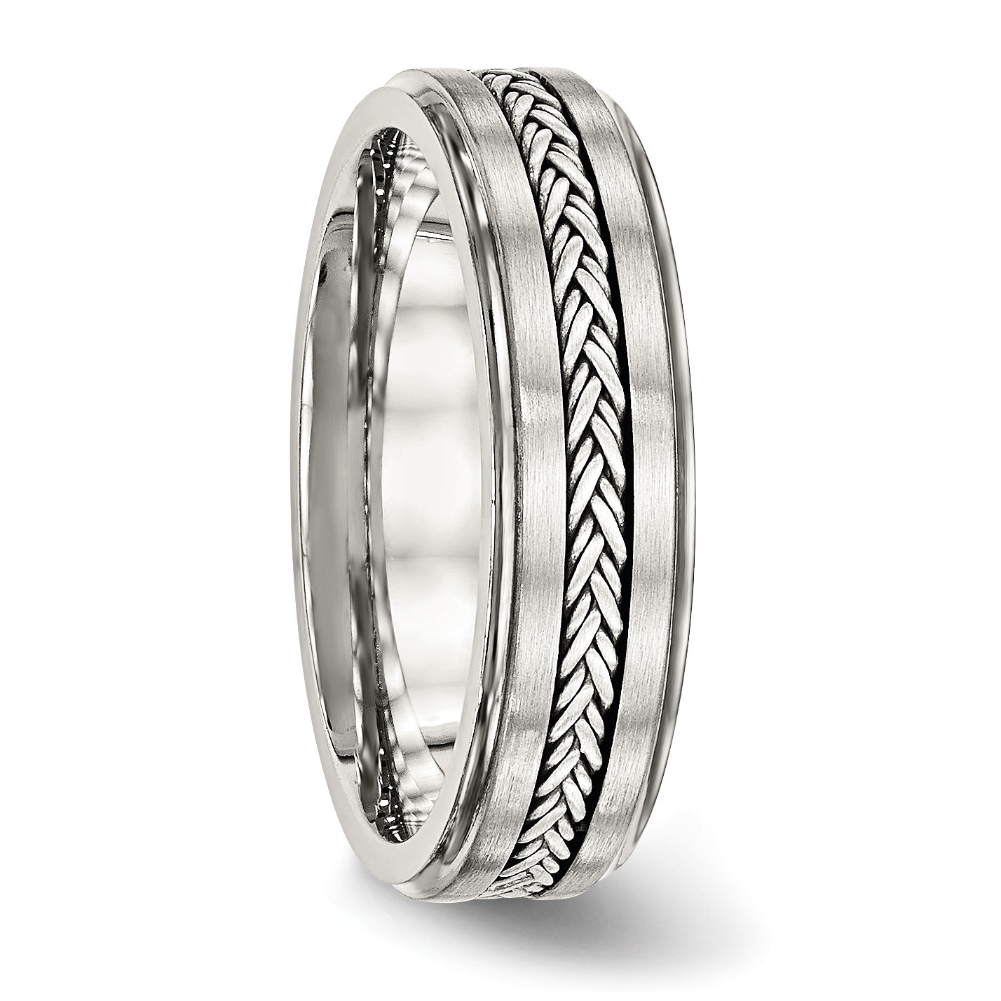 Stainless Steel WithSterling Silver Braid Inlay Brushed/Polished 6mm Band