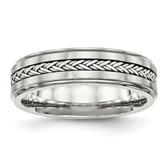 Stainless Steel WithSterling Silver Braid Inlay Brushed/Polished 6mm Band