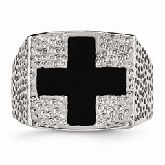 Stainless Steel Men's Ring with Polished Black Enamel Cross Design