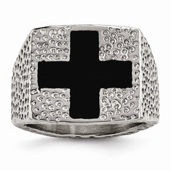 Stainless Steel Men's Ring with Polished Black Enamel Cross Design