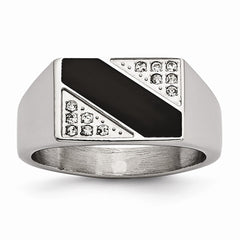 Sophia Jewelers Polished Black Enamel CZ Stainless Steel Signet Ring