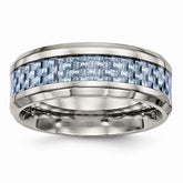 Stainless Steel Wedding Band with Polished Blue Carbon Fiber Inlay