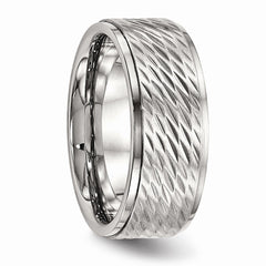 Stainless Steel Wedding Band with Brushed Center and Ridged Edge