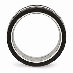 Stainless Steel Wedding Band with Polished Faceted Black Ceramic CZ