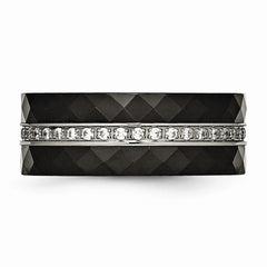 Stainless Steel Wedding Band with Polished Faceted Black Ceramic CZ