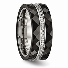 Stainless Steel Wedding Band with Polished Faceted Black Ceramic CZ