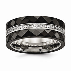 Stainless Steel Wedding Band with Polished Faceted Black Ceramic CZ