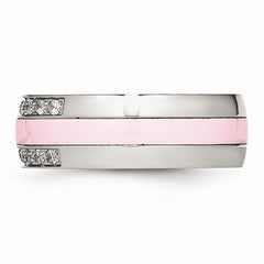 Sophia Jewelers Polished Stainless Steel Pink Ceramic CZ Wedding Band