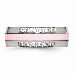 Sophia Jewelers Polished Stainless Steel Pink Ceramic CZ Wedding Band