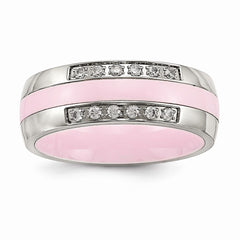 Sophia Jewelers Polished Stainless Steel Pink Ceramic CZ Wedding Band