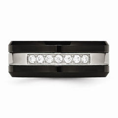 Sophia Jewelers Polished Stainless Steel Black Ceramic CZ Beveled Wedding Band