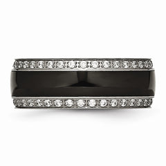Stainless Steel Wedding Band with Polished Black Ceramic and CZ Elegance